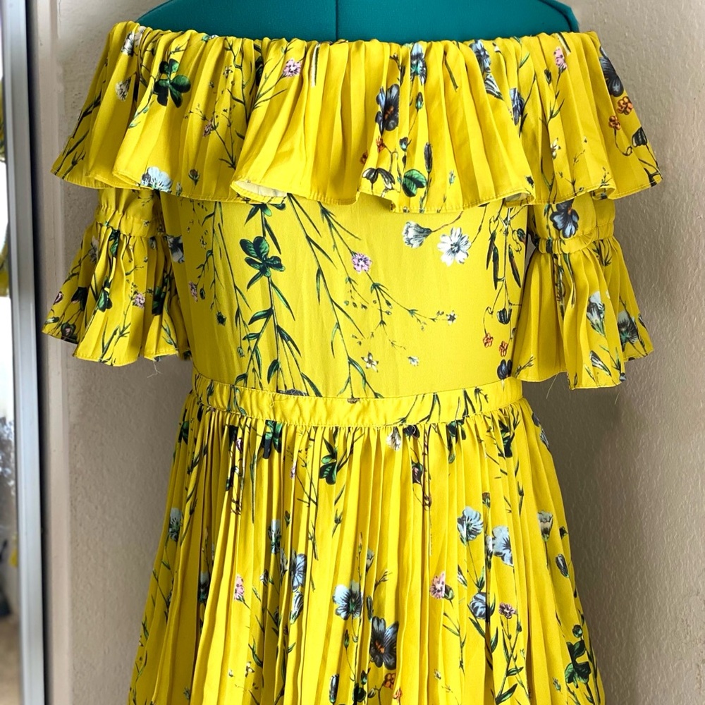 Aqua Yellow Ruffled Tiered Pleated Off-Shoulder Maxi Dress L - Picture 2 of 6
